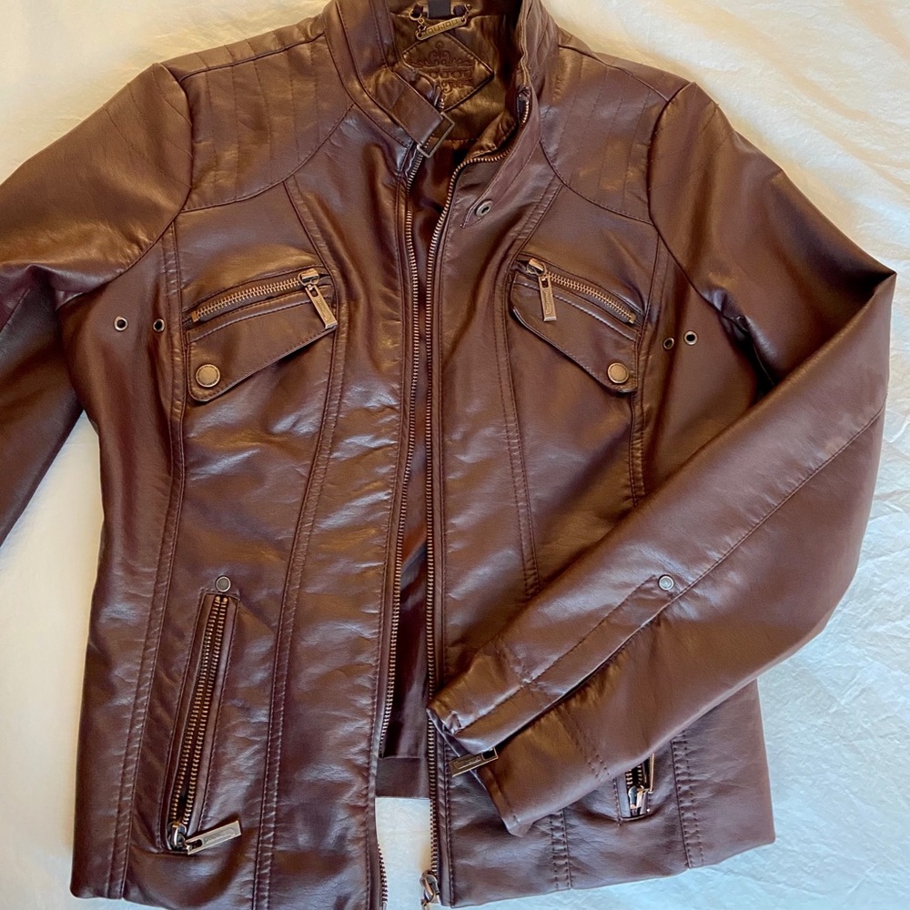 Brown vegan leather bomber jacket